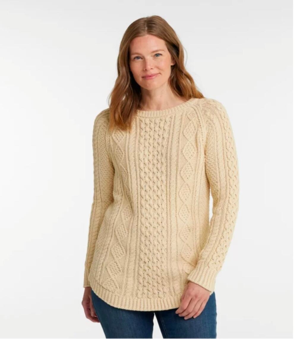 LL Bean Signature Cotton Fisherman Tunic Sweater Chunky Cable Knit Side Zip MED
